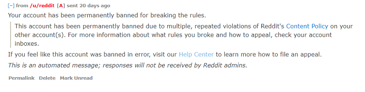 Reddit ban message